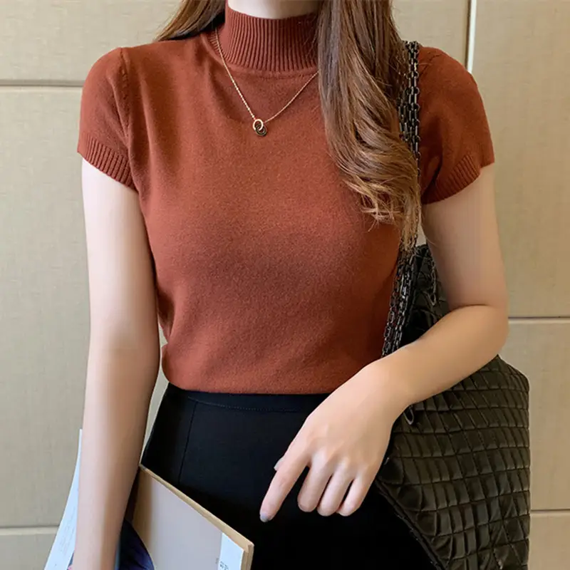 Women Half Turtleneck Knit Half Sleeve Vest Top - Image 14