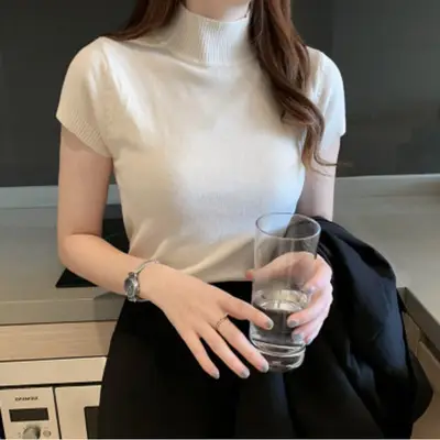 Women Half Turtleneck Knit Half Sleeve Vest Top - Image 6