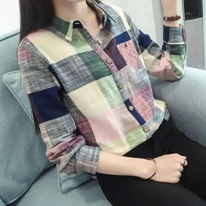 Women Plaid Long Sleeve Cotton Shirt Fall 2023 - Image 4
