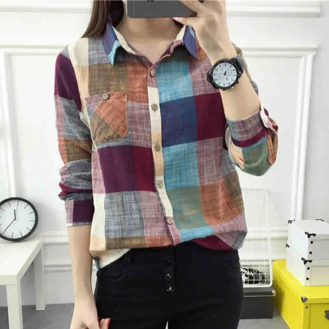 Women Plaid Long Sleeve Cotton Shirt Fall 2023 - Image 5