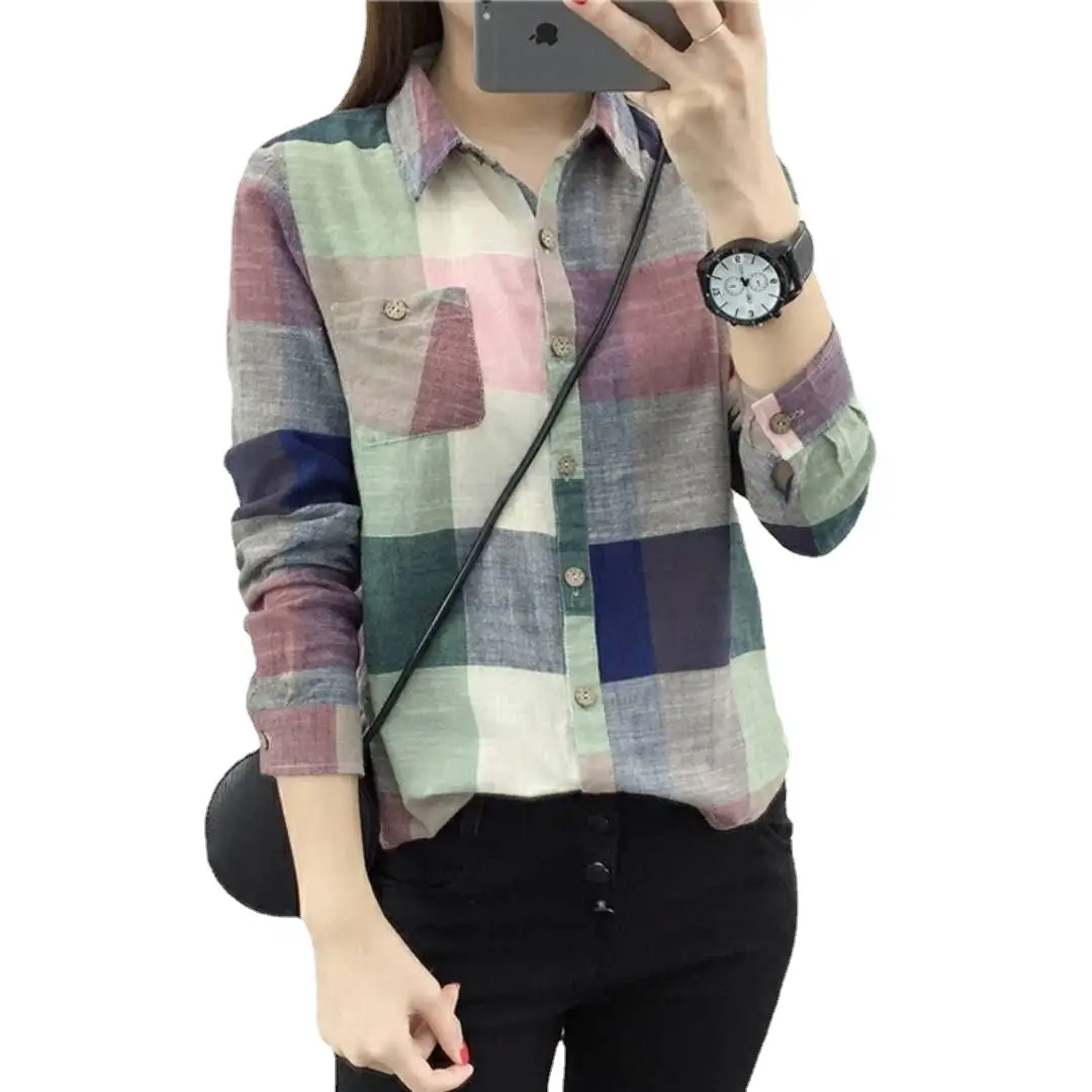 Women Plaid Long Sleeve Cotton Shirt Fall 2023 - Image 7