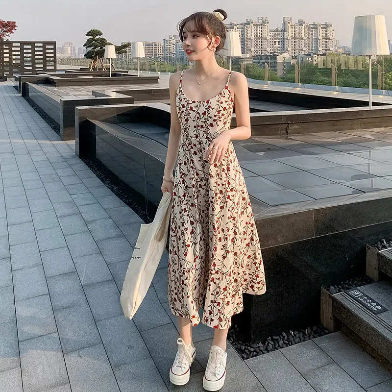 Floral Strap Dress Women Summer Waist Slimming Long Skirt - Image 2