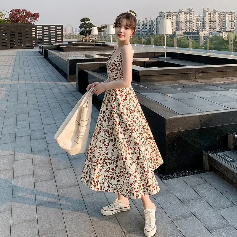 Floral Strap Dress Women Summer Waist Slimming Long Skirt - Image 3