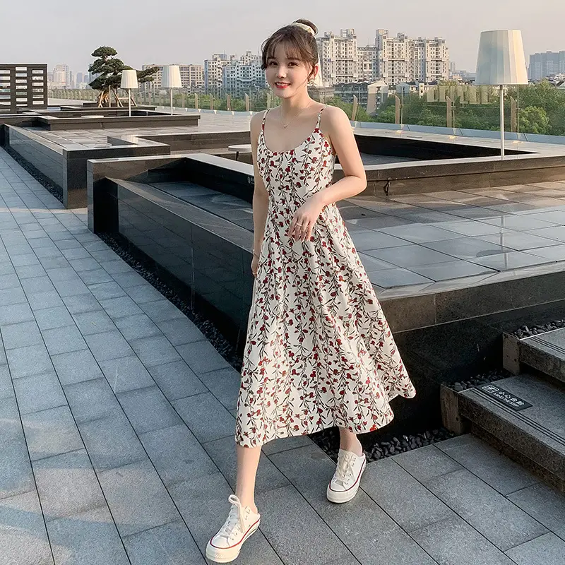 Floral Strap Dress Women Summer Waist Slimming Long Skirt - Image 4