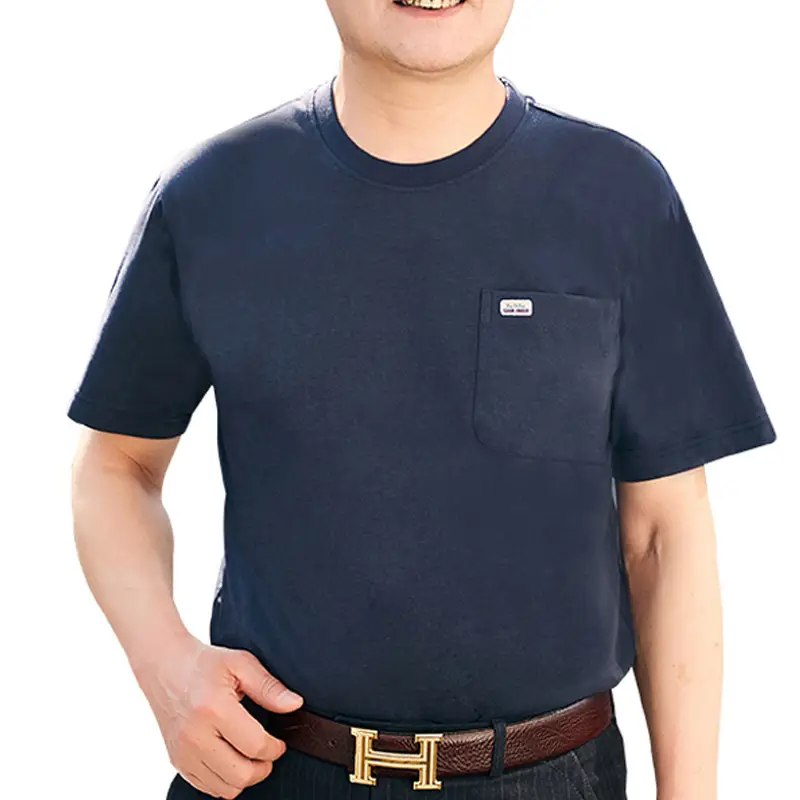 Middle-aged Men Grey Cotton T-Shirt with Real Pocket