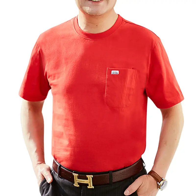 Middle-aged Men Grey Cotton T-Shirt with Real Pocket