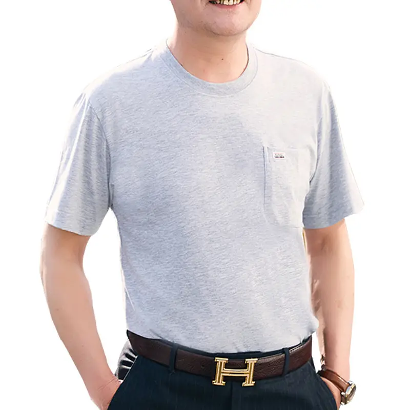 Middle-aged Men Grey Cotton T-Shirt with Real Pocket