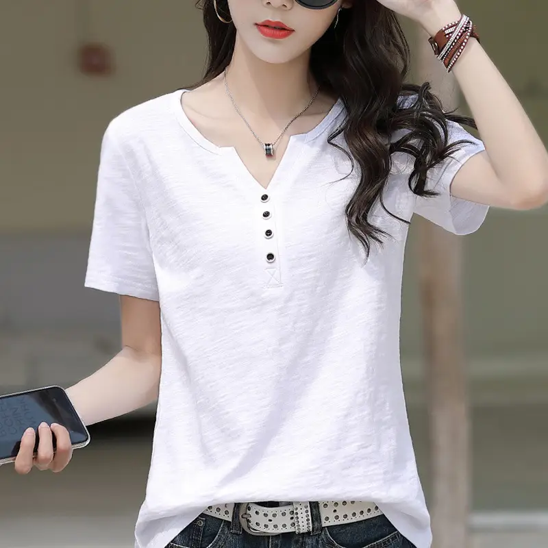 Bamboo Cotton V Neck T-Shirt Large Women 2025 - Image 2
