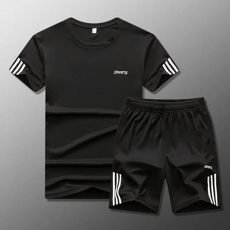 Men Black Three-Stripes Sports Shorts Set - Image 5