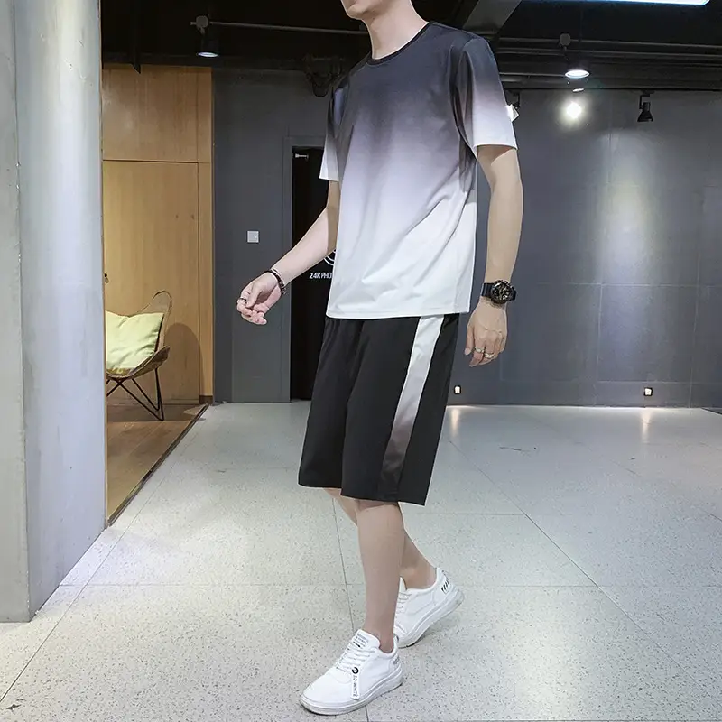 Men Gradient Shorts Suit Black White 2020 - Image 6