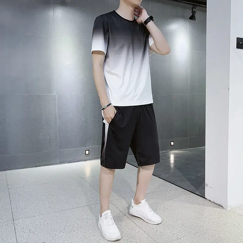 Men Gradient Shorts Suit Black White 2020 - Image 7