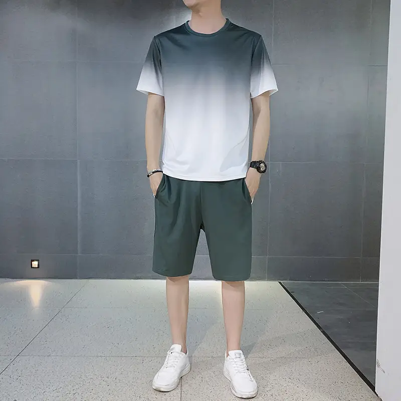 Men Gradient Shorts Suit Black White 2020 - Image 8