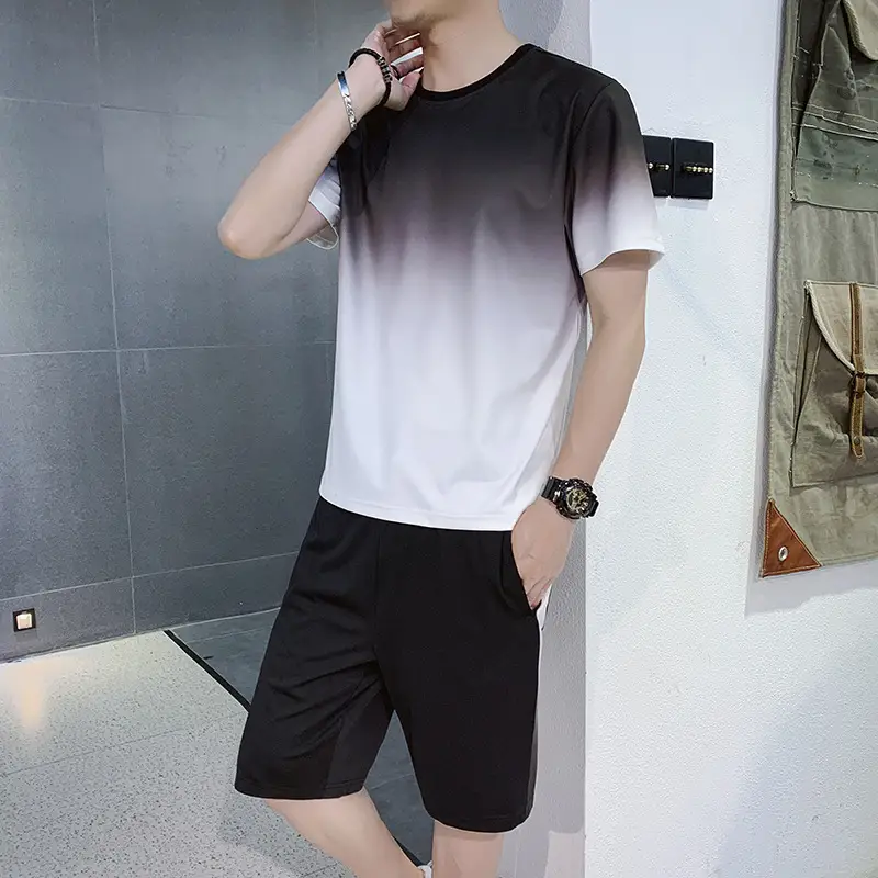 Men Gradient Shorts Suit Black White 2020 - Image 2