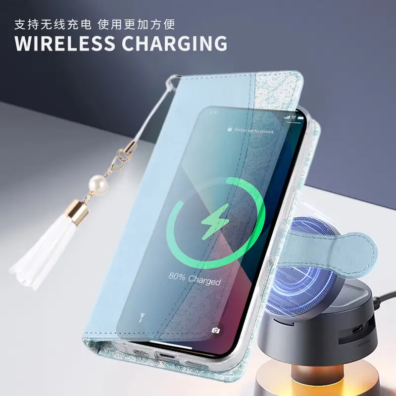 White Leather Phone Case with Magnetic Suction & Tassel - Image 8