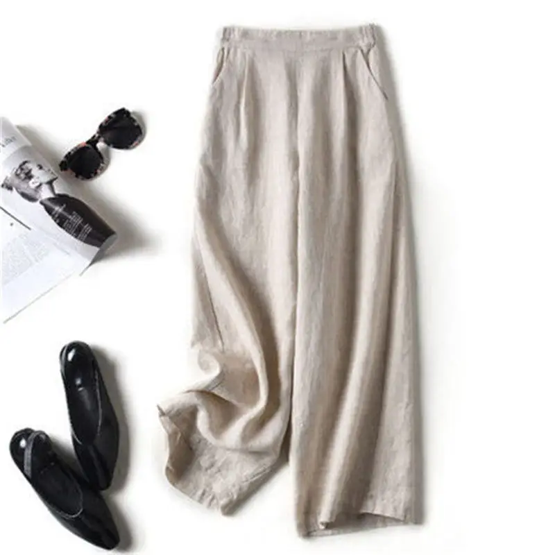 Women's 2023 Cropped Wide-leg Pants Summer Cotton Linen - Image 4
