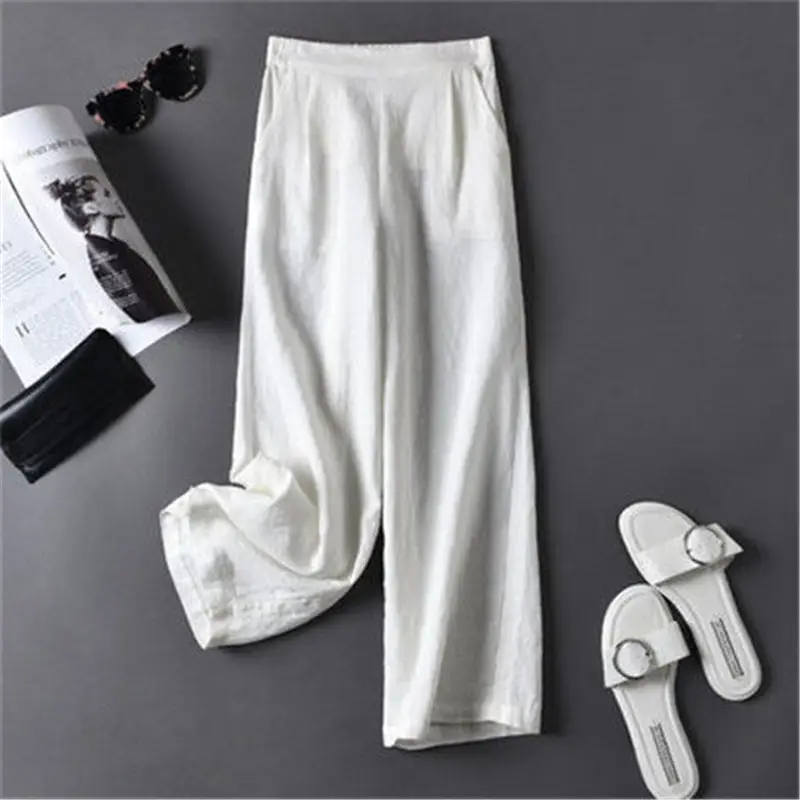 Women's 2023 Cropped Wide-leg Pants Summer Cotton Linen - Image 5