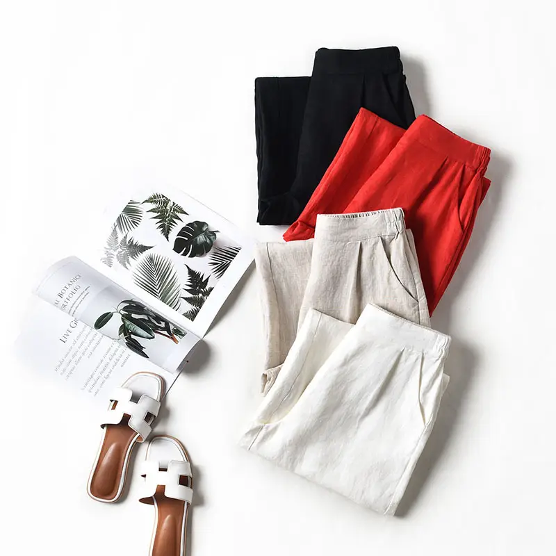 Women's 2023 Cropped Wide-leg Pants Summer Cotton Linen - Image 7