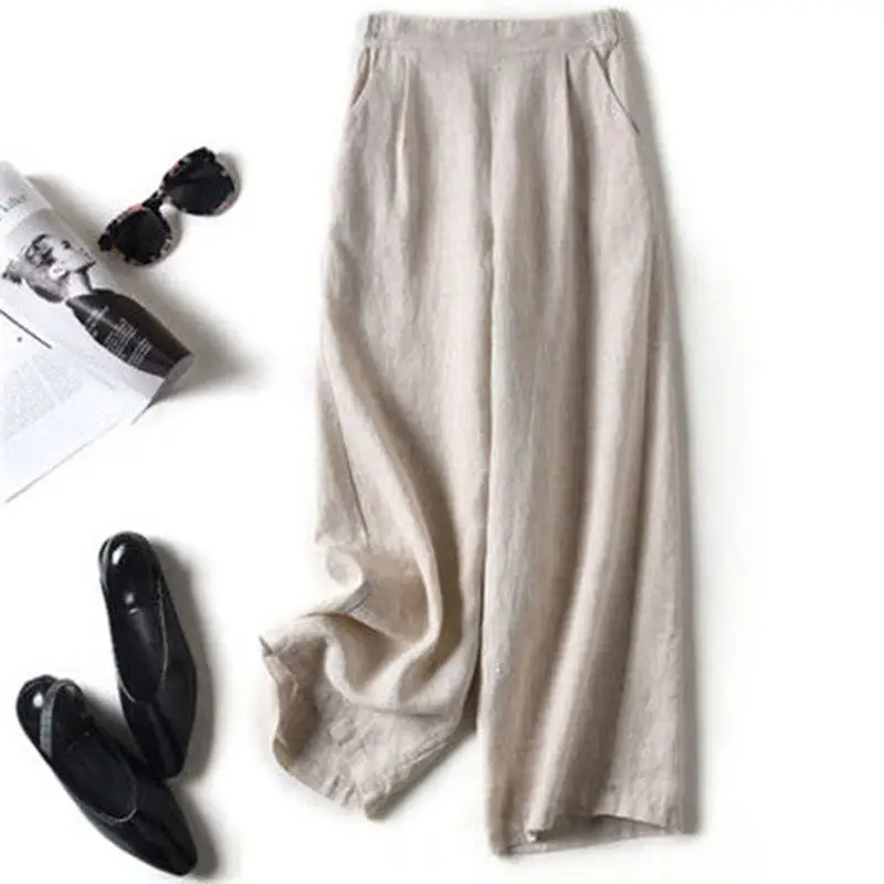 Women's 2023 Cropped Wide-leg Pants Summer Cotton Linen - Image 3