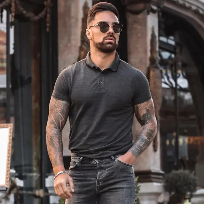 Men's Light Gray Cotton Polo Shirt Button Lapel Summer - Image 9