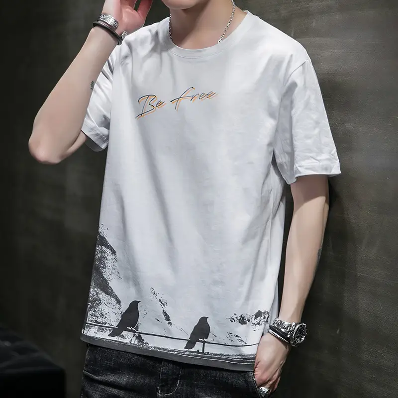 Men White Graphic T-Shirt Slim Fit Summer Casual - Image 5