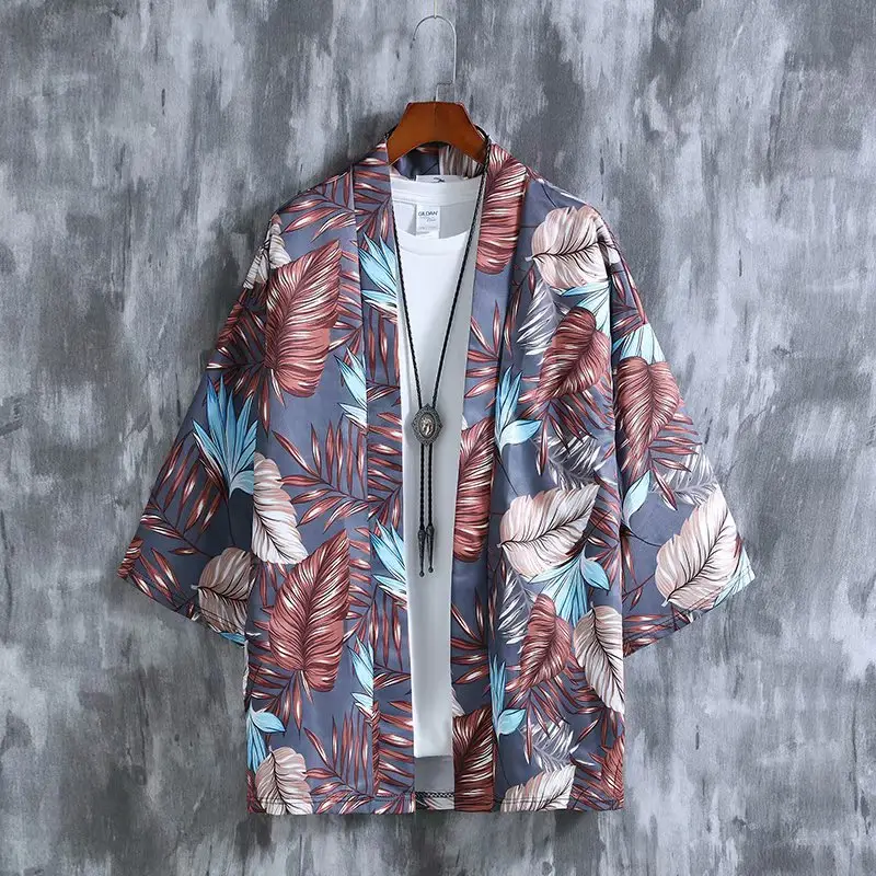 Men's Japanese Style Kimono Coat with Tropical Print - Image 3