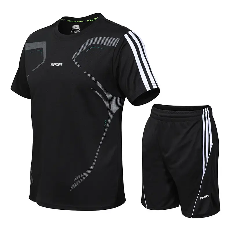 Men Blue Gray Sports Suit Short Sleeve Running Fitness - Image 4