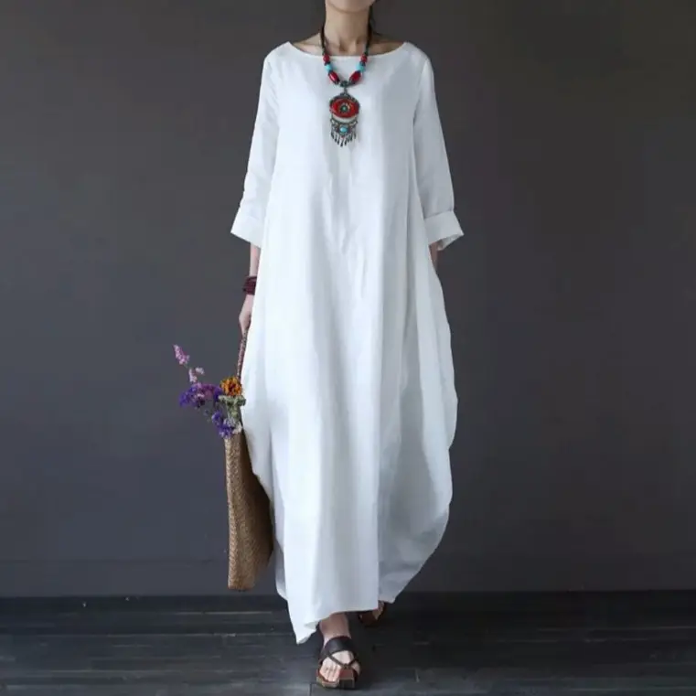 White Loose Long Skirt Cotton Linen Set Large - Image 8