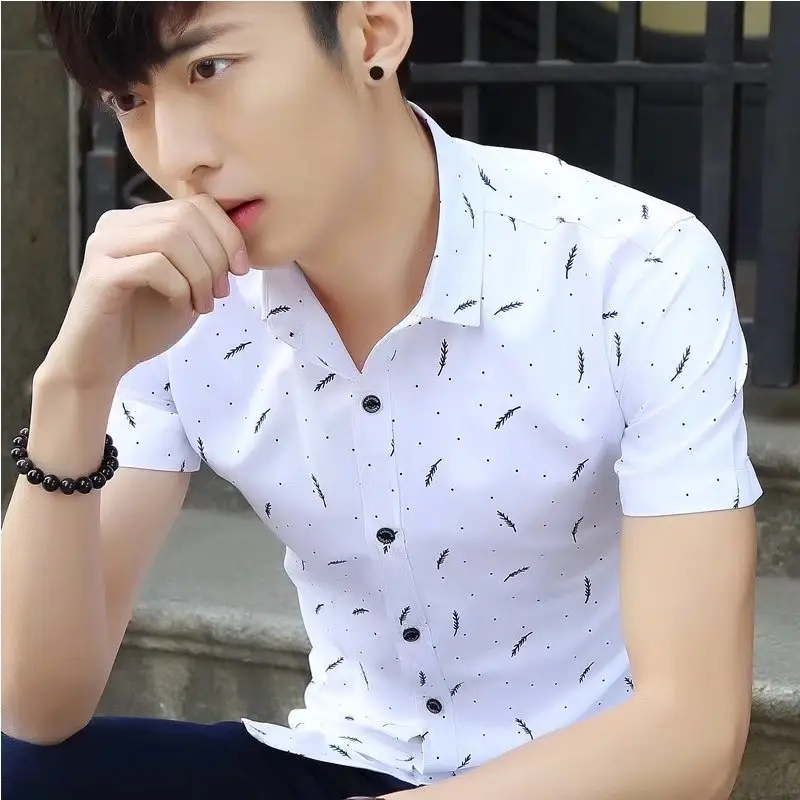 New Men's White Printed Feather Shirt Summer Casual All-match Teenager - Image 4