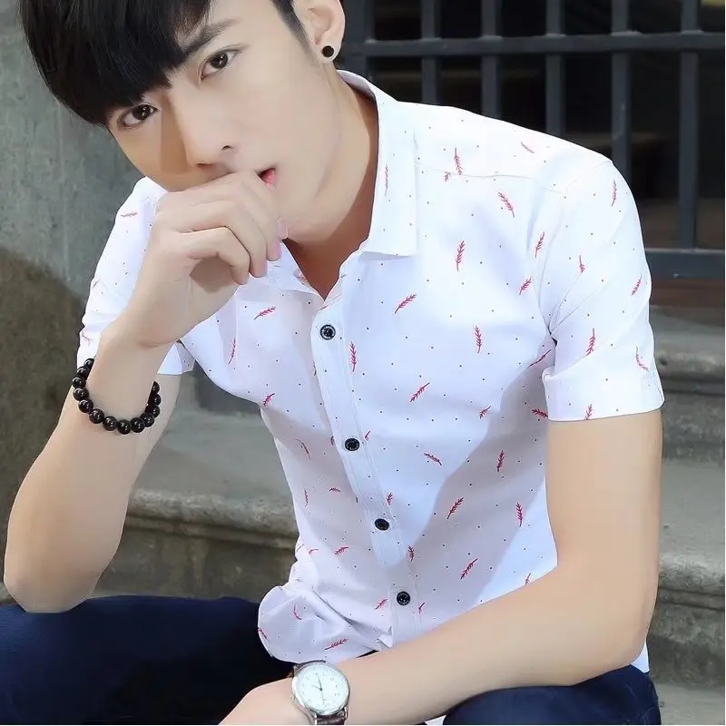 New Men's White Printed Feather Shirt Summer Casual All-match Teenager - Image 6