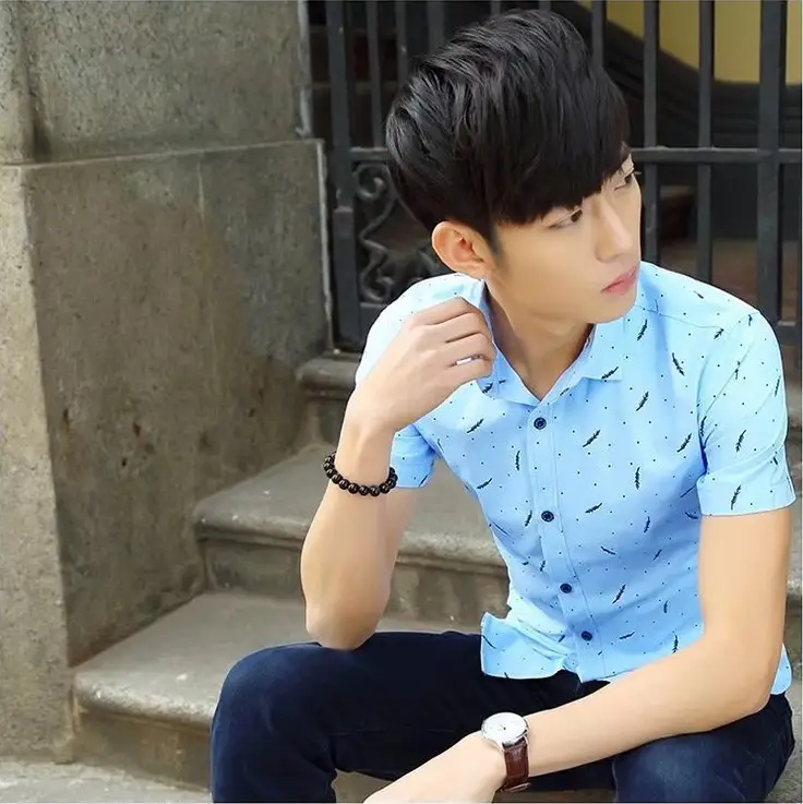 New Men's White Printed Feather Shirt Summer Casual All-match Teenager - Image 7