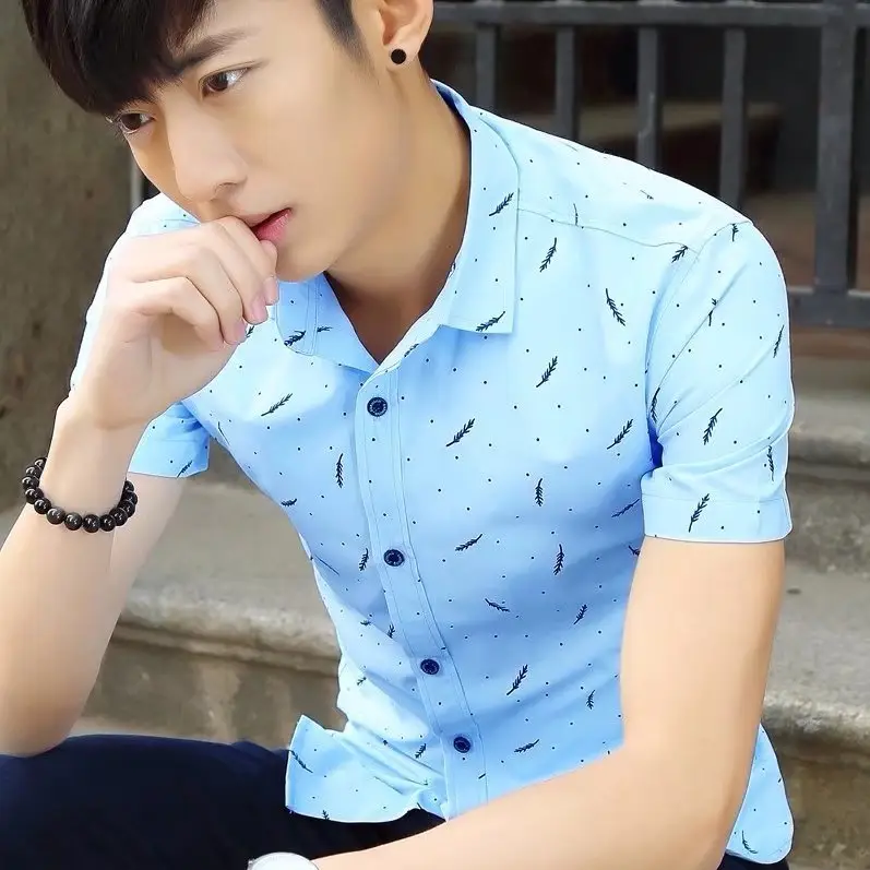New Men's White Printed Feather Shirt Summer Casual All-match Teenager - Image 3