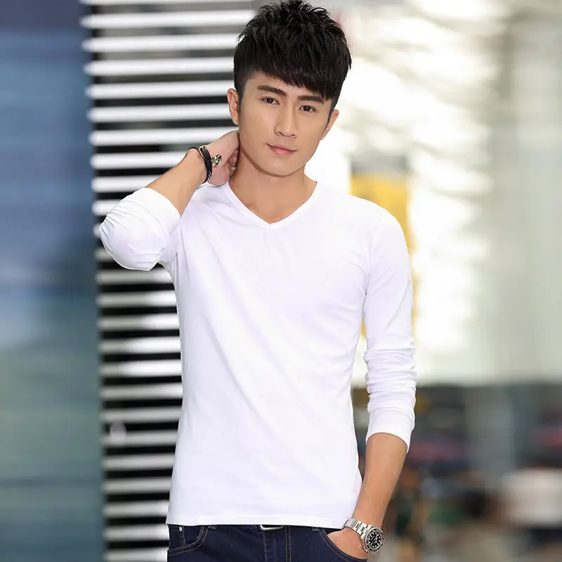Men V-Neck Long Sleeve Red T-Shirt - Image 13