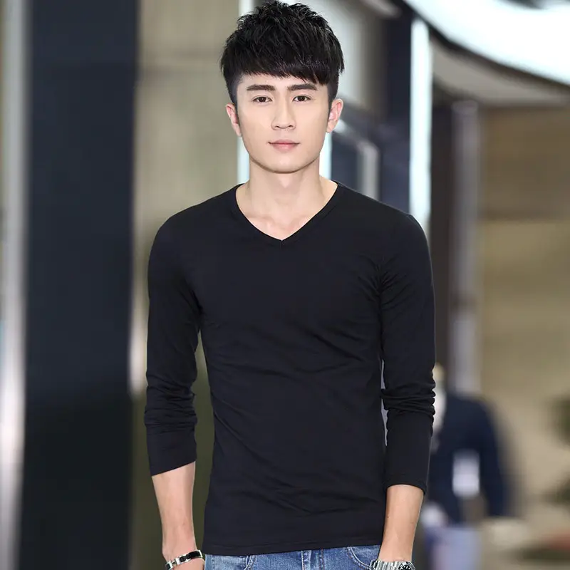 Men V-Neck Long Sleeve Red T-Shirt - Image 14