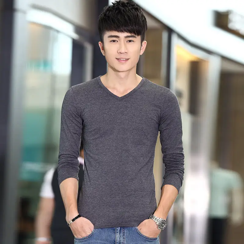 Men V-Neck Long Sleeve Red T-Shirt - Image 15