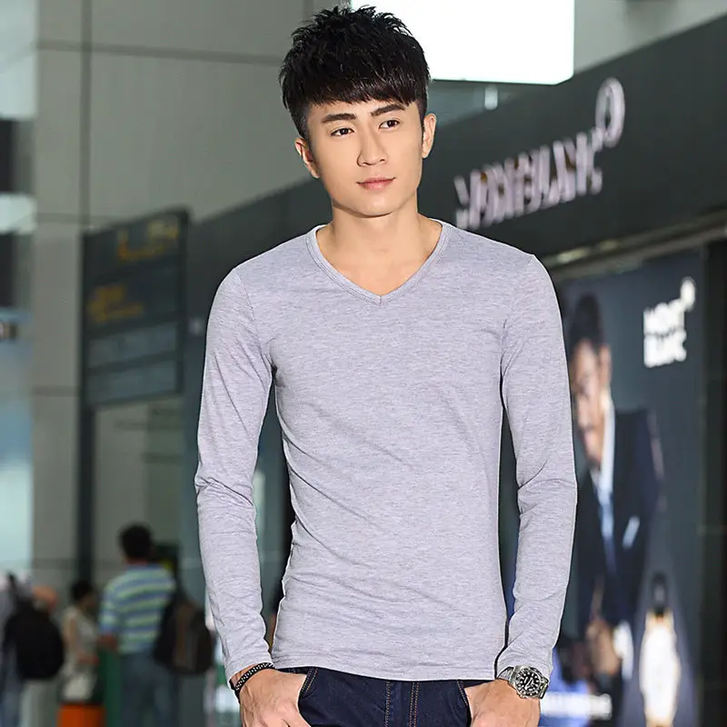 Men V-Neck Long Sleeve Red T-Shirt - Image 16