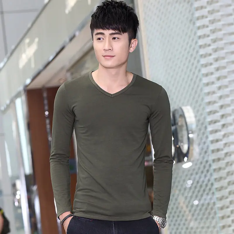 Men V-Neck Long Sleeve Red T-Shirt - Image 17