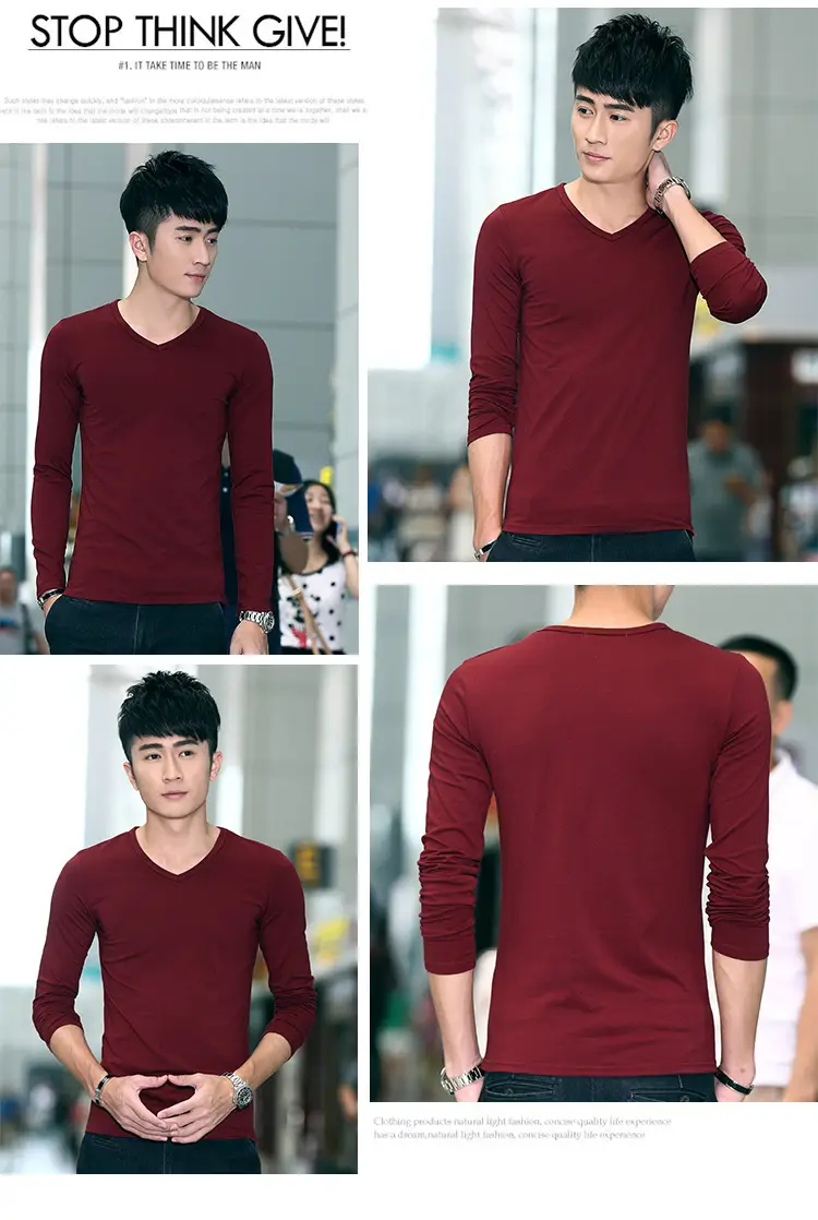 Men V-Neck Long Sleeve Red T-Shirt — feature 16