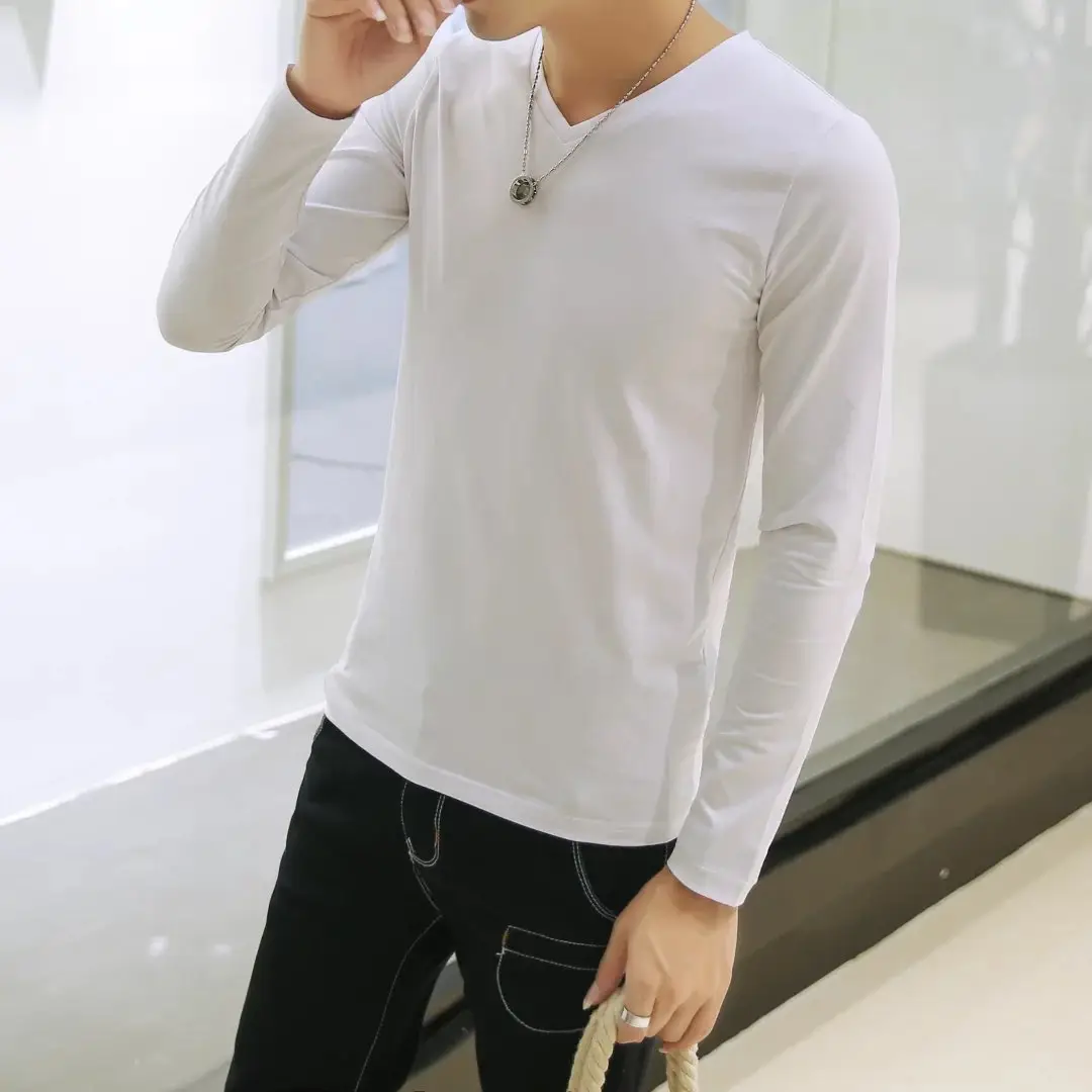 Men V-Neck Long Sleeve Red T-Shirt - Image 3