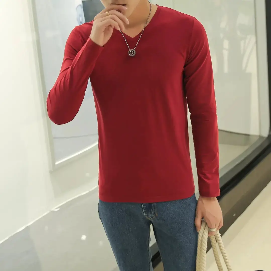 Men V-Neck Long Sleeve Red T-Shirt - Image 4