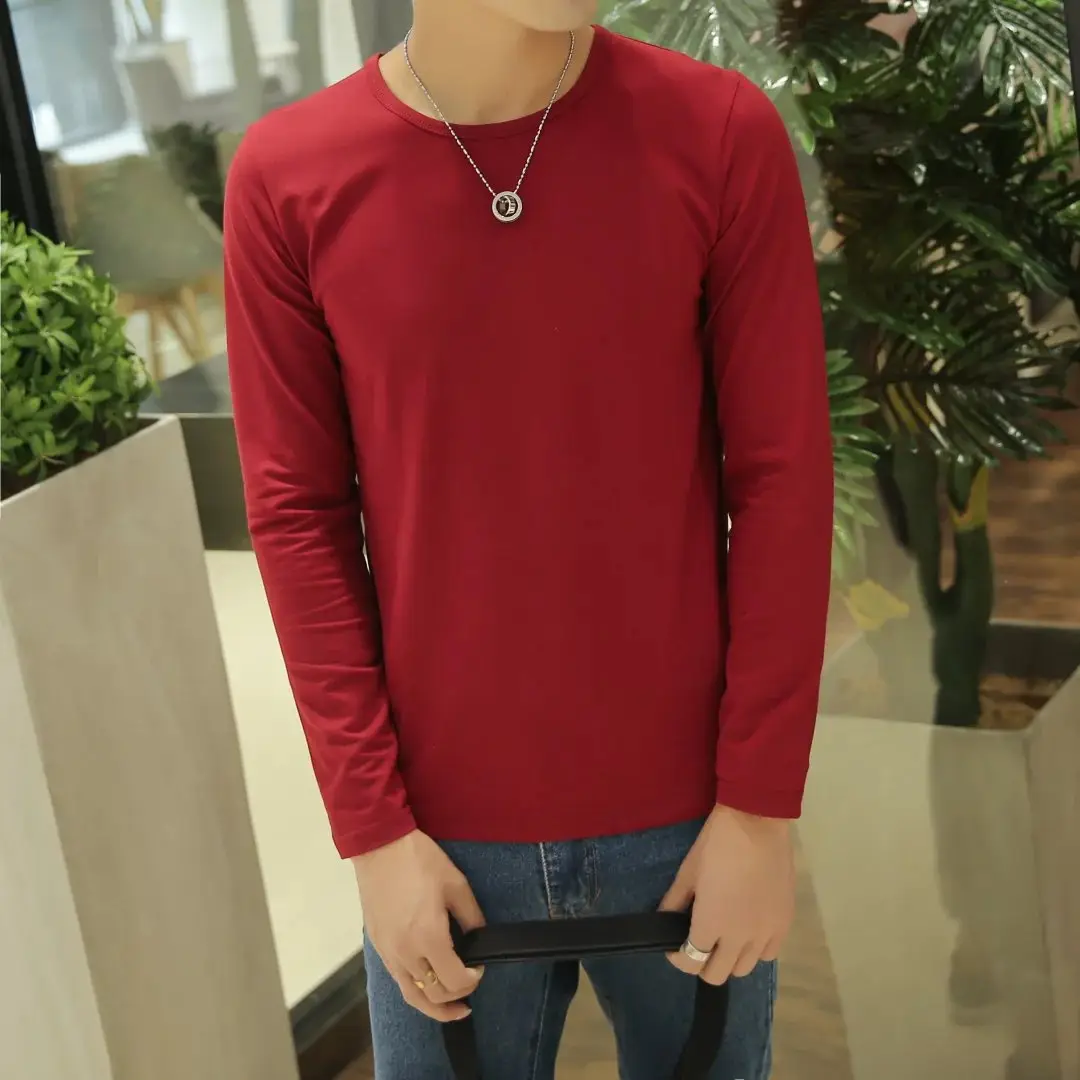 Men V-Neck Long Sleeve Red T-Shirt - Image 5