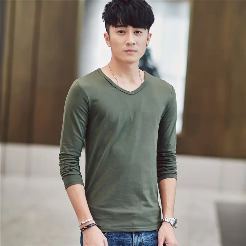 Men V-Neck Slim Fit Long Sleeve T-Shirt Olive Green