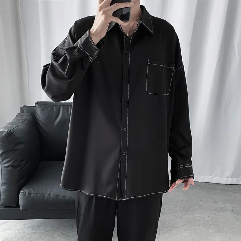 Men Black Slim Fit Long Sleeve Shirt with Pocket - Image 2