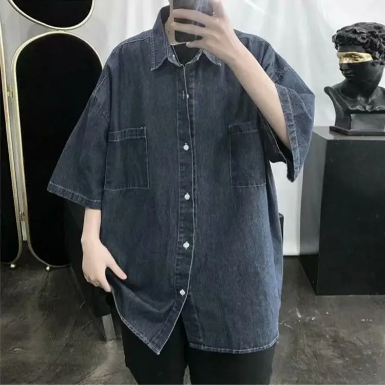 Denim Short Sleeve Shirt Men Loose Fit Light Blue