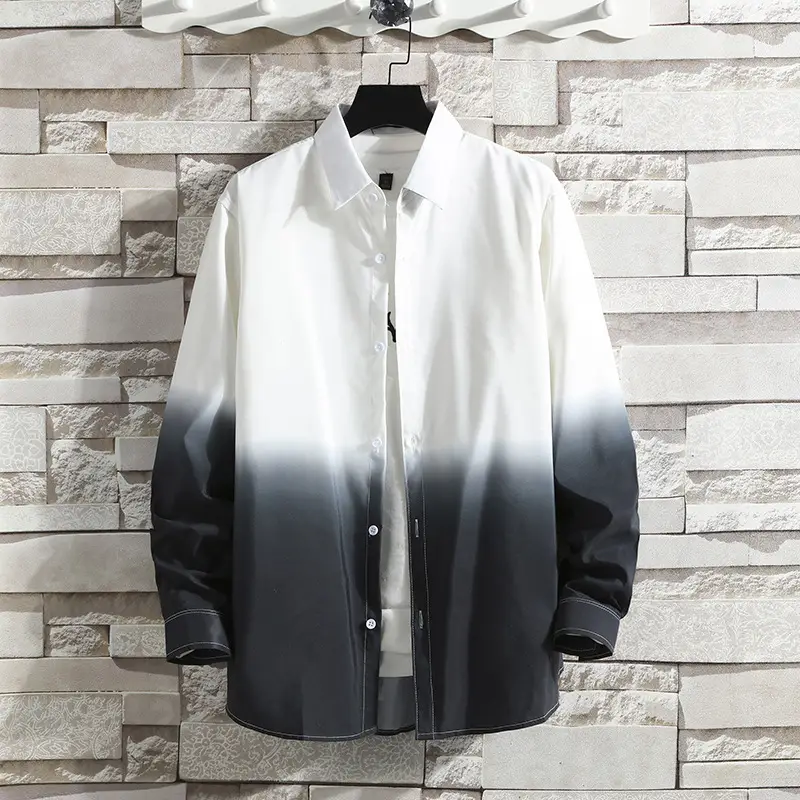 Men Gradient Grey Long Sleeve Shirt for Spring Summer - Image 3