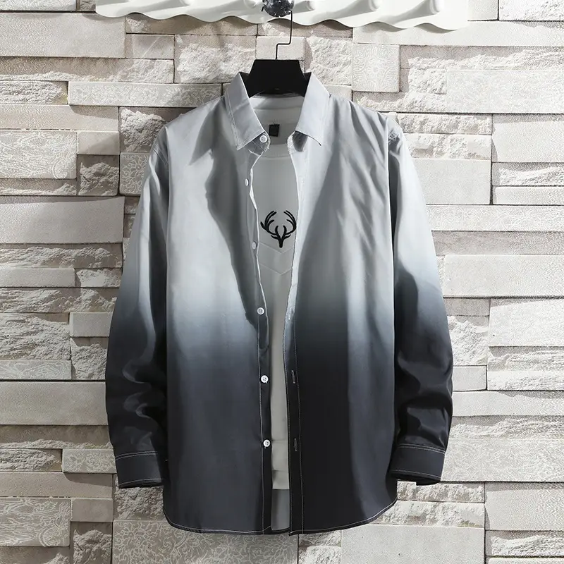 Men Gradient Grey Long Sleeve Shirt for Spring Summer - Image 4