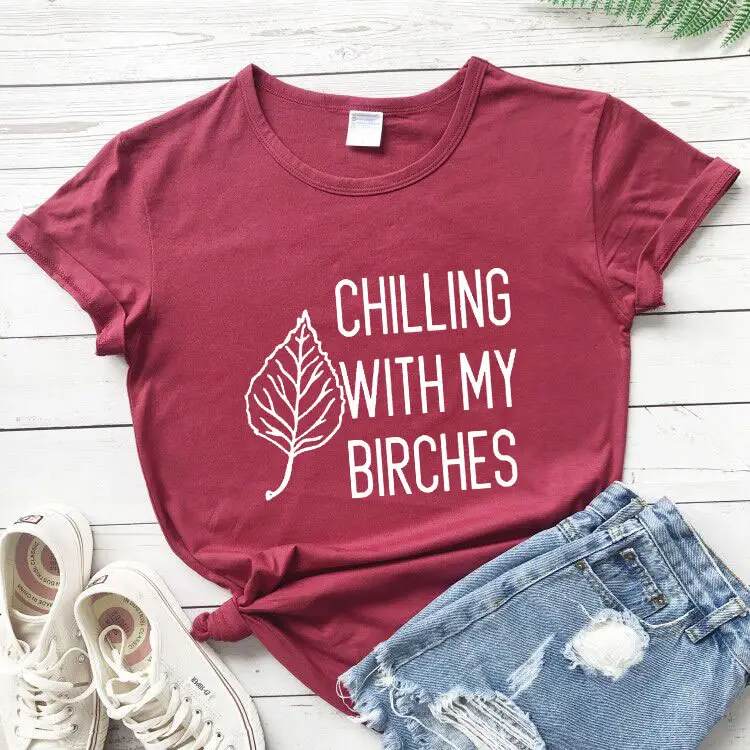 Chilling With My Birch Leaves T-Shirt Pink - Image 8