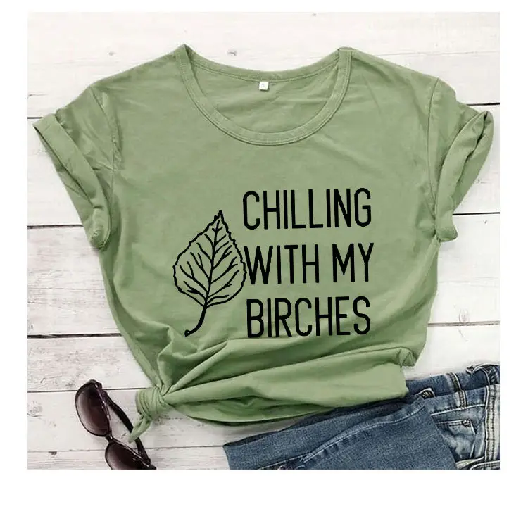 Chilling With My Birch Leaves T-Shirt Pink - Image 4