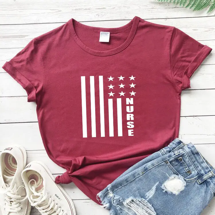 Nurse Star Print T-Shirt Maroon Short Sleeve - Image 4