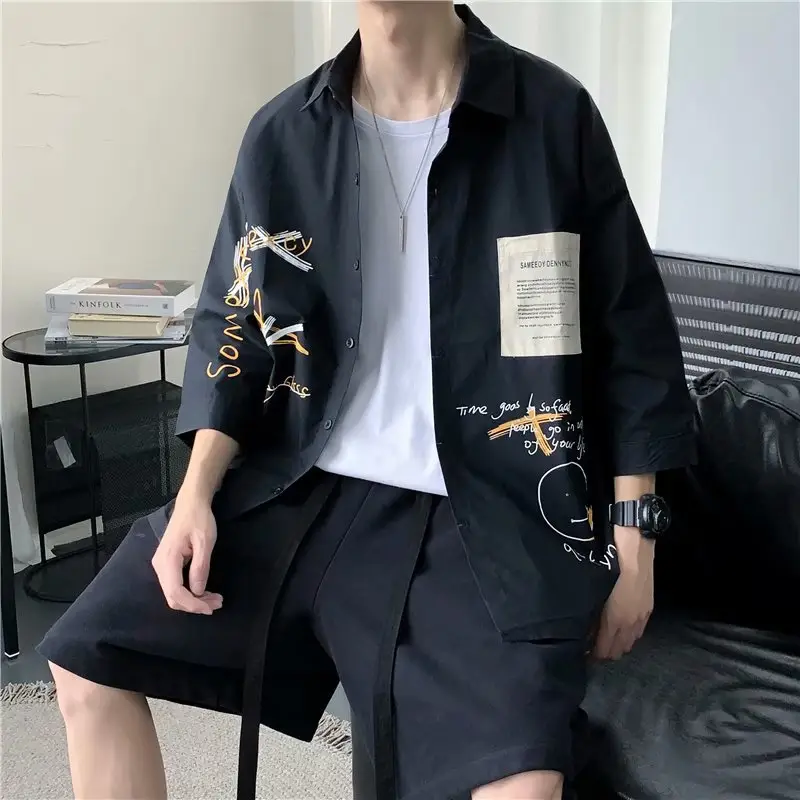 Japanese Style Black Shirt with Korean Print & Seven Sleeve