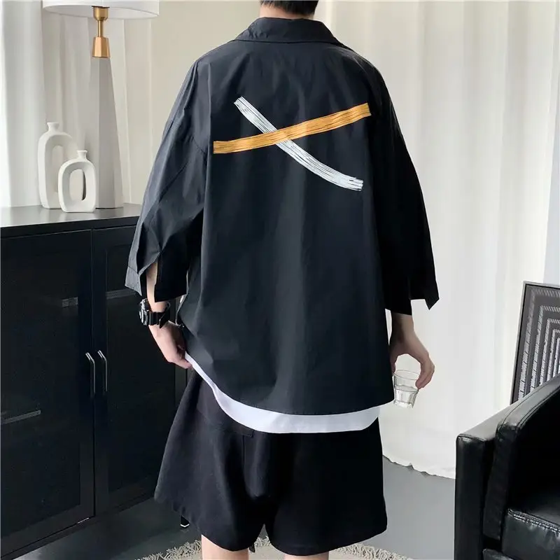 Japanese Style Black Shirt with Korean Print & Seven Sleeve
